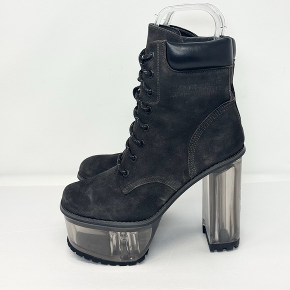 Dolls Kill Darker Wavs Kickdrum Clear Heeled Suede Work Boots Black Size 9 - Picture 8 of 16